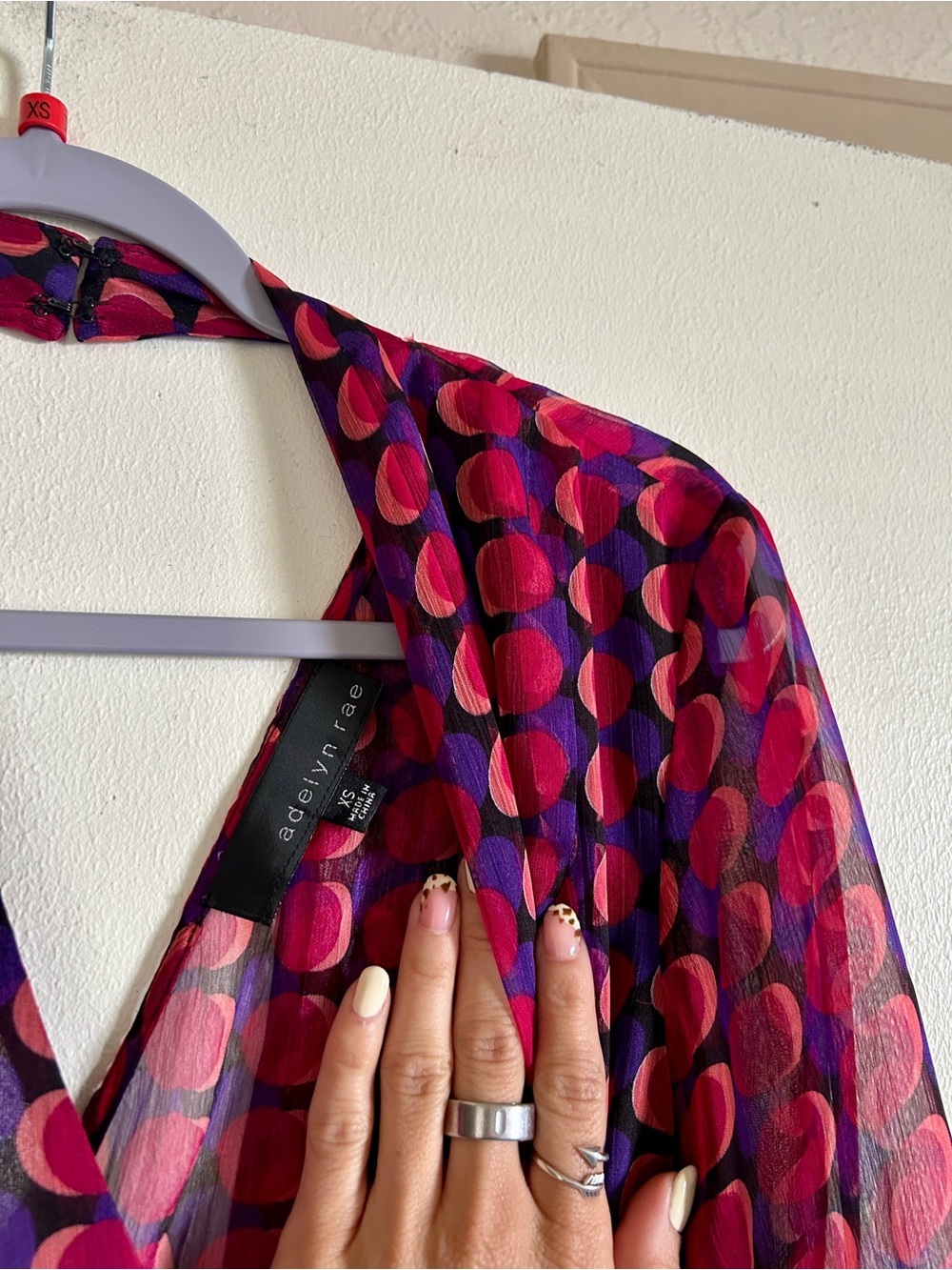 Adelyn Rae Pink & Purple Sheer Geometric Wrap Dress - Picture 5 of 5
